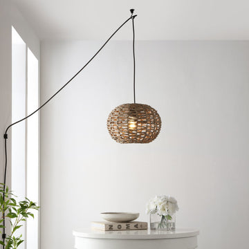 Isla 14" Farmhouse Coastal Rattan 180" Cord Plug-In or Hardwired LED Pendant - JONATHAN Y